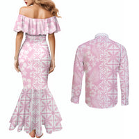 Pastel Pink Kahili Quilt Hawaii Couples Matching Mermaid Dress and Long Sleeve Button Shirt Tropical Flower Seamless Half Style LT14 - Polynesian Pride