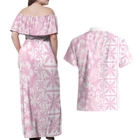 Pastel Pink Kahili Quilt Hawaii Couples Matching Off Shoulder Maxi Dress and Hawaiian Shirt Tropical Flower Seamless Half Style LT14 - Polynesian Pride