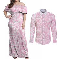 Pastel Pink Kahili Quilt Hawaii Couples Matching Off Shoulder Maxi Dress and Long Sleeve Button Shirt Tropical Flower Seamless Half Style LT14 Pink - Polynesian Pride