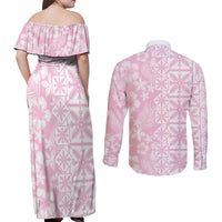 Pastel Pink Kahili Quilt Hawaii Couples Matching Off Shoulder Maxi Dress and Long Sleeve Button Shirt Tropical Flower Seamless Half Style LT14 - Polynesian Pride