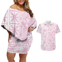 Pastel Pink Kahili Quilt Hawaii Couples Matching Off Shoulder Short Dress and Hawaiian Shirt Tropical Flower Seamless Half Style LT14 Pink - Polynesian Pride