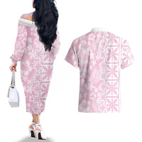 Pastel Pink Kahili Quilt Hawaii Couples Matching Off The Shoulder Long Sleeve Dress and Hawaiian Shirt Tropical Flower Seamless Half Style LT14 - Polynesian Pride