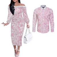 Pastel Pink Kahili Quilt Hawaii Couples Matching Off The Shoulder Long Sleeve Dress and Long Sleeve Button Shirt Tropical Flower Seamless Half Style LT14 Pink - Polynesian Pride