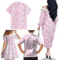 Pastel Pink Kahili Quilt Hawaii Family Matching Off The Shoulder Long Sleeve Dress and Hawaiian Shirt Tropical Flower Seamless Half Style LT14 - Polynesian Pride