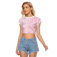 Pastel Pink Kahili Quilt Hawaii Raglan Cropped T Shirt Tropical Flower Seamless Half Style