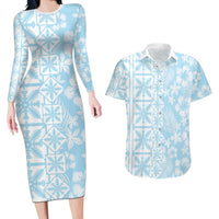 Pastel Blue Kahili Quilt Hawaii Couples Matching Long Sleeve Bodycon Dress and Hawaiian Shirt Tropical Flower Seamless Half Style LT14 Blue - Polynesian Pride