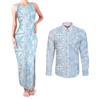 Pastel Blue Kahili Quilt Hawaii Couples Matching Tank Maxi Dress and Long Sleeve Button Shirt Tropical Flower Seamless Half Style LT14 Blue - Polynesian Pride