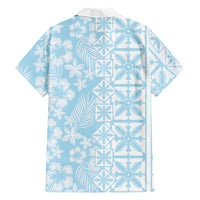 Pastel Blue Kahili Quilt Hawaii Family Matching Puletasi and Hawaiian Shirt Tropical Flower Seamless Half Style LT14 - Polynesian Pride