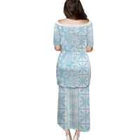 Pastel Blue Kahili Quilt Hawaii Puletasi Tropical Flower Seamless Half Style