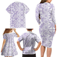 Pastel Purple Kahili Quilt Hawaii Family Matching Long Sleeve Bodycon Dress and Hawaiian Shirt Tropical Flower Seamless Half Style LT14 - Polynesian Pride