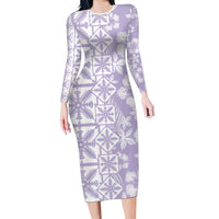 Pastel Purple Kahili Quilt Hawaii Family Matching Long Sleeve Bodycon Dress and Hawaiian Shirt Tropical Flower Seamless Half Style LT14 Mom's Dress Purple - Polynesian Pride
