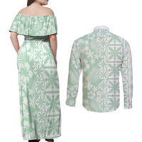 Pastel Green Kahili Quilt Hawaii Couples Matching Off Shoulder Maxi Dress and Long Sleeve Button Shirt Tropical Flower Seamless Half Style LT14 - Polynesian Pride