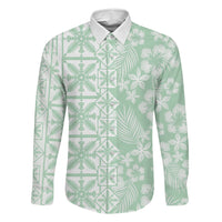 Pastel Green Kahili Quilt Hawaii Family Matching Off Shoulder Maxi Dress and Hawaiian Shirt Tropical Flower Seamless Half Style LT14 Dad's Shirt - Long Sleeve Green - Polynesian Pride