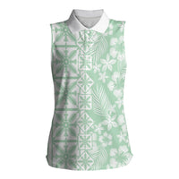 Pastel Green Kahili Quilt Hawaii Women Sleeveless Polo Shirt Tropical Flower Seamless Half Style LT14 Female Green - Polynesian Pride