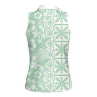Pastel Green Kahili Quilt Hawaii Women Sleeveless Polo Shirt Tropical Flower Seamless Half Style LT14 - Polynesian Pride