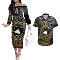 Personalised Australia And Vanuatu Couples Matching Off The Shoulder Long Sleeve Dress and Hawaiian Shirt Aboriginal Lizard Polynesia Ni-Van Pig Tusk LT14 Black - Polynesian Pride