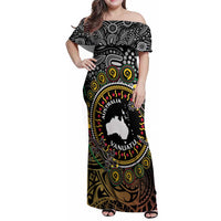 Personalised Australia And Vanuatu Family Matching Off Shoulder Maxi Dress and Hawaiian Shirt Aboriginal Lizard Polynesia Ni-Van Pig Tusk LT14 Mom's Dress Black - Polynesian Pride