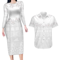 Tokelau White Sunday Couples Matching Long Sleeve Bodycon Dress and Hawaiian Shirt Polynesian Pattern Gardenia Thunbergia LT14 White - Polynesian Pride