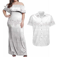 Tokelau White Sunday Couples Matching Off Shoulder Maxi Dress and Hawaiian Shirt Polynesian Pattern Gardenia Thunbergia LT14 White - Polynesian Pride