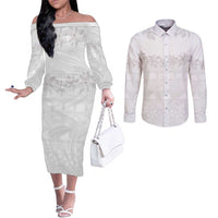 Tokelau White Sunday Couples Matching Off The Shoulder Long Sleeve Dress and Long Sleeve Button Shirt Polynesian Pattern Gardenia Thunbergia LT14 White - Polynesian Pride
