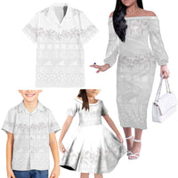 Tokelau White Sunday Family Matching Off The Shoulder Long Sleeve Dress and Hawaiian Shirt Polynesian Pattern Gardenia Thunbergia LT14 - Polynesian Pride
