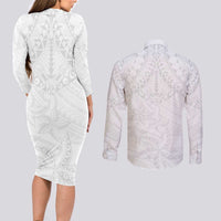 American Samoa White Sunday Couples Matching Long Sleeve Bodycon Dress and Long Sleeve Button Shirt Lotu Tamaiti Plumeria With Samoan Pattern LT14 - Polynesian Pride