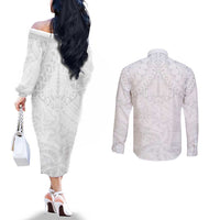 American Samoa White Sunday Couples Matching Off The Shoulder Long Sleeve Dress and Long Sleeve Button Shirt Lotu Tamaiti Plumeria With Samoan Pattern LT14 - Polynesian Pride