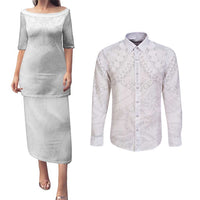 American Samoa White Sunday Couples Matching Puletasi and Long Sleeve Button Shirt Lotu Tamaiti Plumeria With Samoan Pattern LT14 White - Polynesian Pride