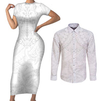 American Samoa White Sunday Couples Matching Short Sleeve Bodycon Dress and Long Sleeve Button Shirt Lotu Tamaiti Plumeria With Samoan Pattern LT14 White - Polynesian Pride