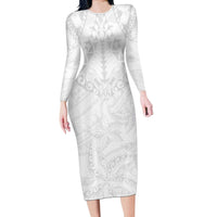 American Samoa White Sunday Long Sleeve Bodycon Dress Lotu Tamaiti Plumeria With Samoan Pattern LT14 Long Dress White - Polynesian Pride
