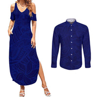 Blue Polynesia Couples Matching Summer Maxi Dress and Long Sleeve Button Shirt Polynesian Pattern Mix Plumeria