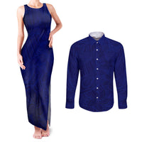Blue Polynesia Couples Matching Tank Maxi Dress and Long Sleeve Button Shirt Polynesian Pattern Mix Plumeria