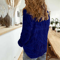 Blue Polynesia Women Casual Shirt Polynesian Pattern Mix Plumeria
