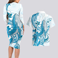 Blue Hawaii Humpback Whale Couples Matching Long Sleeve Bodycon Dress and Hawaiian Shirt Polynesian Tribal Ocean Vibes LT14 - Polynesian Pride