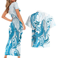 Blue Hawaii Humpback Whale Couples Matching Short Sleeve Bodycon Dress and Hawaiian Shirt Polynesian Tribal Ocean Vibes LT14 - Polynesian Pride