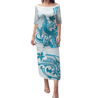 Blue Hawaii Humpback Whale Family Matching Puletasi and Hawaiian Shirt Polynesian Tribal Ocean Vibes LT14 Mom's Dress Blue - Polynesian Pride