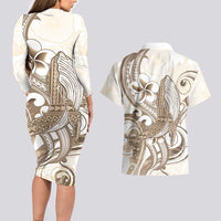 Brown Hawaii Humpback Whale Couples Matching Long Sleeve Bodycon Dress and Hawaiian Shirt Polynesian Tribal Ocean Vibes LT14 - Polynesian Pride