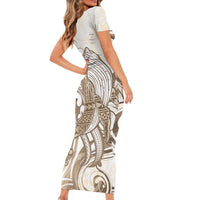 Brown Hawaii Humpback Whale Short Sleeve Bodycon Dress Polynesian Tribal Ocean Vibes