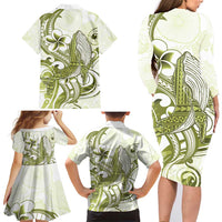 Lime Green Hawaii Family Matching Long Sleeve Bodycon Dress and Hawaiian Shirt Humpback Whale Tattoo Polynesian Tribal Ocean Vibes