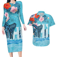 Personalised Hawaii Couples Matching Long Sleeve Bodycon Dress and Hawaiian Shirt Humpback Whale Tattoo With Tropical Flowers LT14 Blue - Polynesian Pride