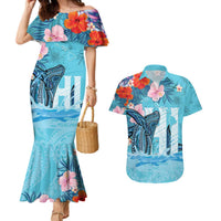 Personalised Hawaii Couples Matching Mermaid Dress and Hawaiian Shirt Humpback Whale Tattoo With Tropical Flowers LT14 Blue - Polynesian Pride