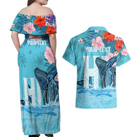 Personalised Hawaii Couples Matching Off Shoulder Maxi Dress and Hawaiian Shirt Humpback Whale Tattoo With Tropical Flowers LT14 - Polynesian Pride