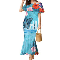 Personalised Hawaii Family Matching Mermaid Dress and Hawaiian Shirt Humpback Whale Tattoo With Tropical Flowers LT14 Mom's Dress Blue - Polynesian Pride