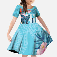 Personalised Hawaii Family Matching Off Shoulder Maxi Dress and Hawaiian Shirt Humpback Whale Tattoo With Tropical Flowers LT14 Daughter's Dress Blue - Polynesian Pride