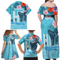 Personalised Hawaii Family Matching Off Shoulder Maxi Dress and Hawaiian Shirt Humpback Whale Tattoo With Tropical Flowers LT14 - Polynesian Pride
