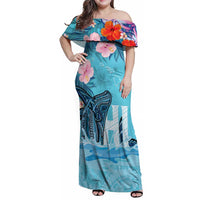 Personalised Hawaii Family Matching Off Shoulder Maxi Dress and Hawaiian Shirt Humpback Whale Tattoo With Tropical Flowers LT14 Mom's Dress Blue - Polynesian Pride