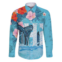 Personalised Hawaii Family Matching Puletasi and Hawaiian Shirt Humpback Whale Tattoo With Tropical Flowers LT14 Dad's Shirt - Long Sleeve Blue - Polynesian Pride