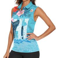 Personalised Hawaii Women Sleeveless Polo Shirt Humpback Whale Tattoo With Tropical Flowers LT14 - Polynesian Pride