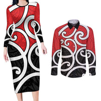 New Zealand Couples Matching Long Sleeve Bodycon Dress and Long Sleeve Button Shirt Maori Koru Tino Rangatiratanga Color LT14 Red - Polynesian Pride