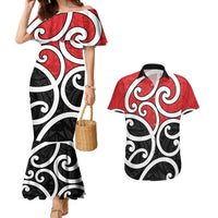 New Zealand Couples Matching Mermaid Dress and Hawaiian Shirt Maori Koru Tino Rangatiratanga Color LT14 Red - Polynesian Pride